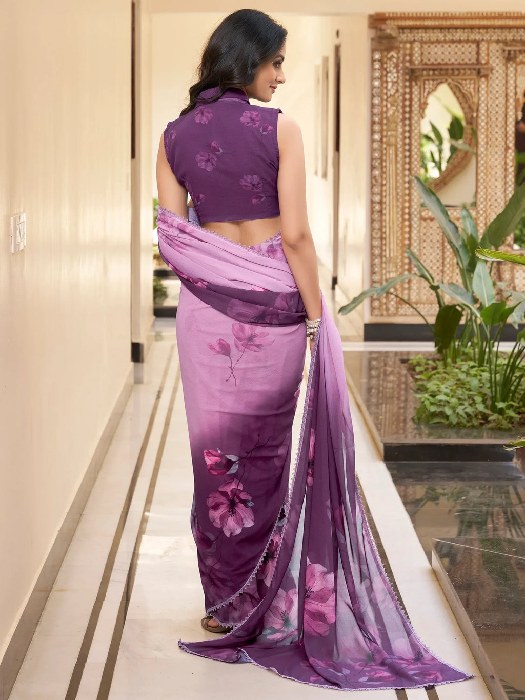 Lavender Stunning Floral Printed Chiffon Saree With Blouse