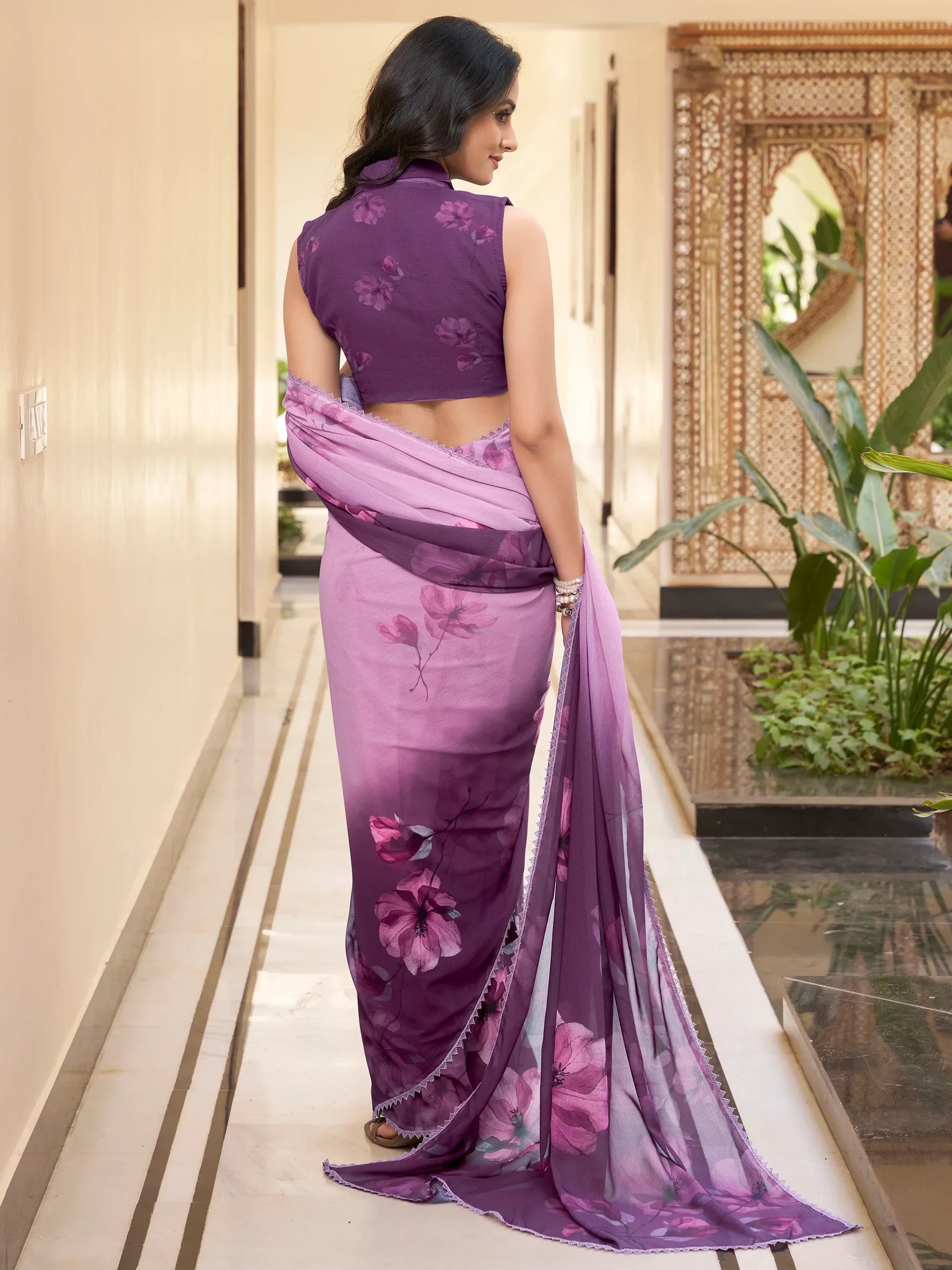 Lavender Stunning Floral Printed Chiffon Saree With Blouse