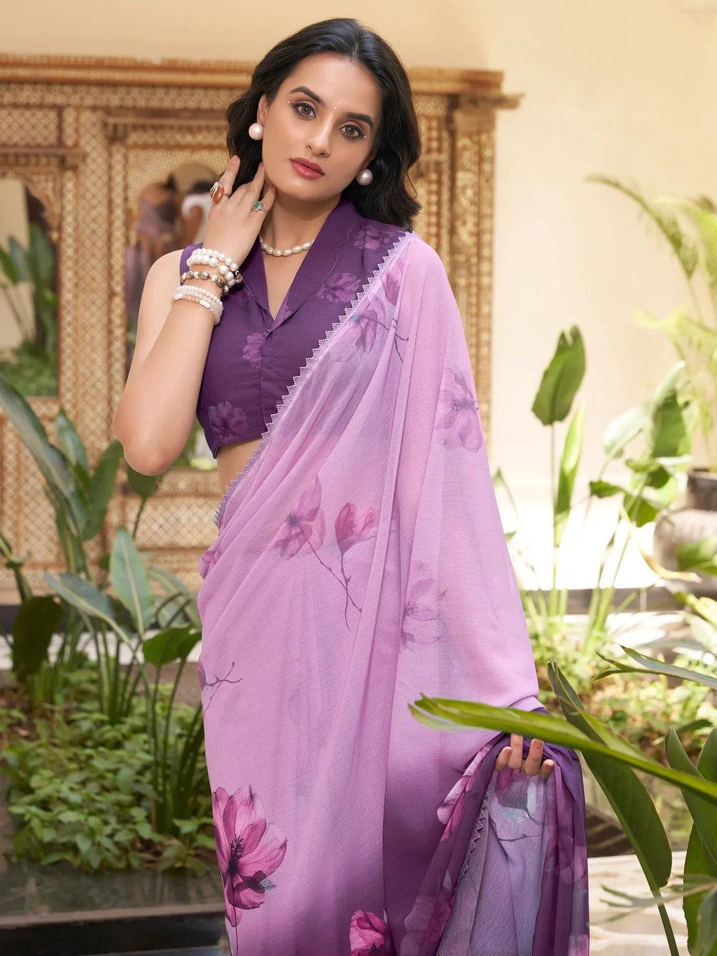 Lavender Stunning Floral Printed Chiffon Saree With Blouse