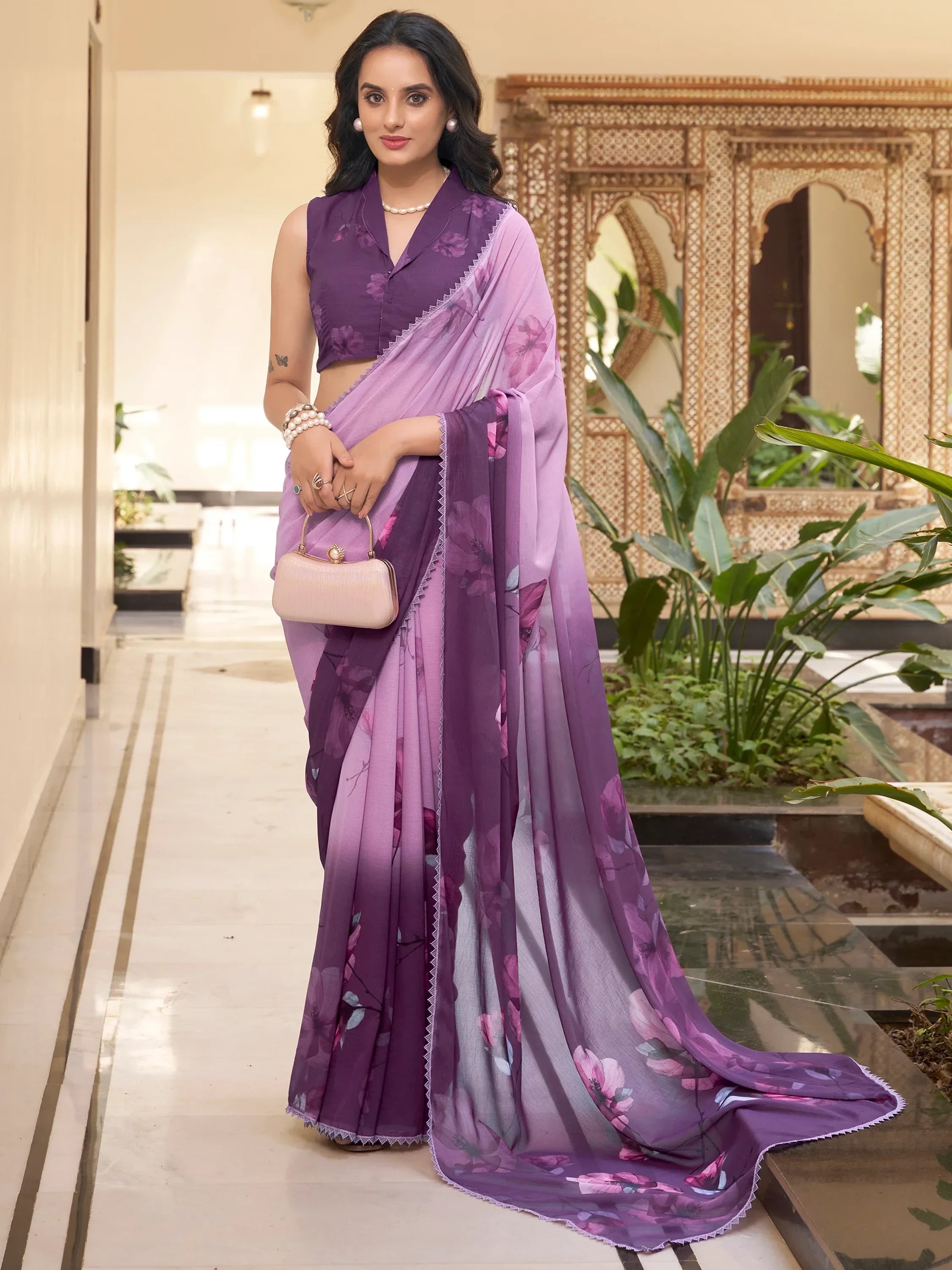 Lavender Stunning Floral Printed Chiffon Saree With Blouse