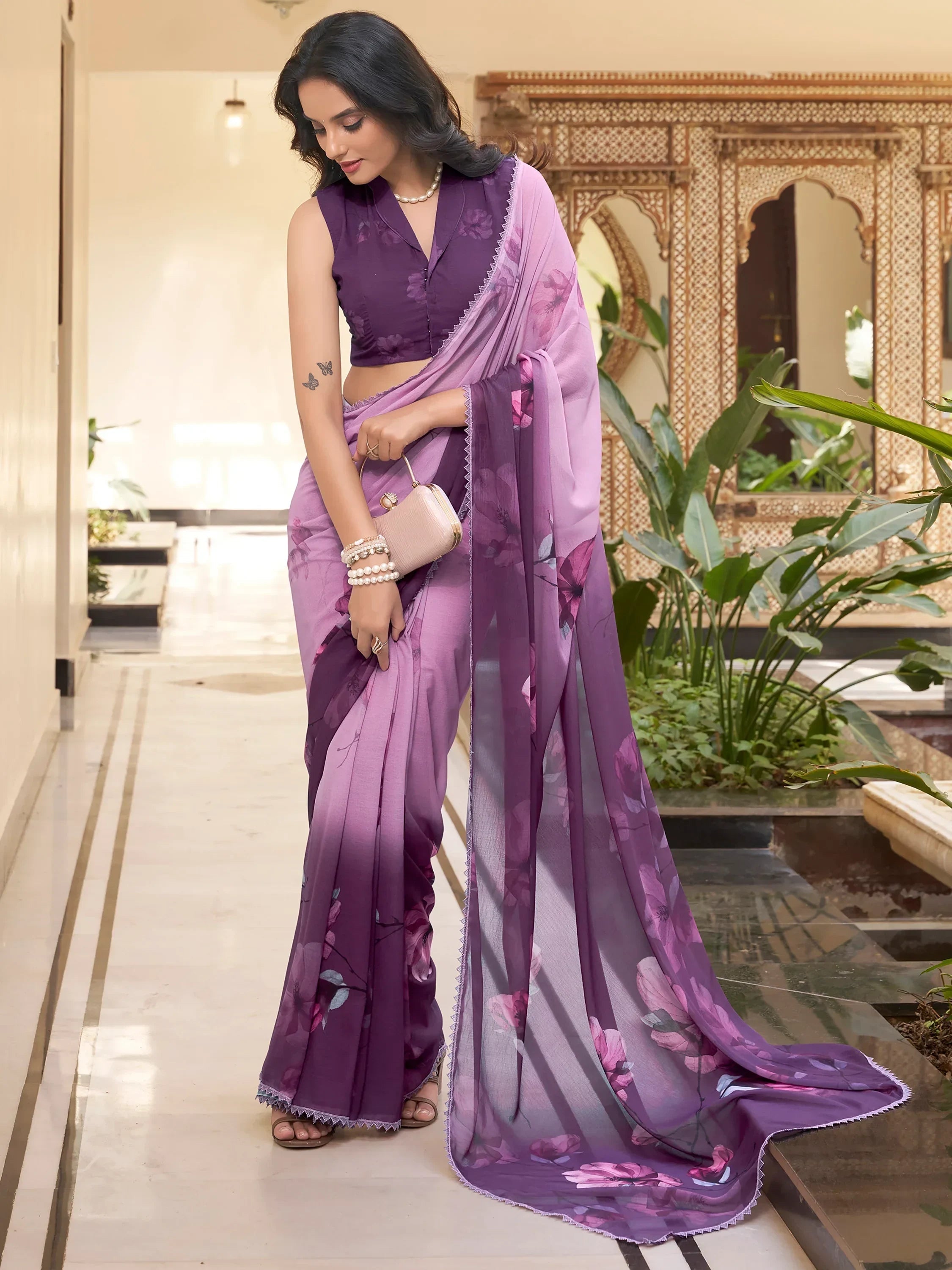 Lavender Stunning Floral Printed Chiffon Saree With Blouse