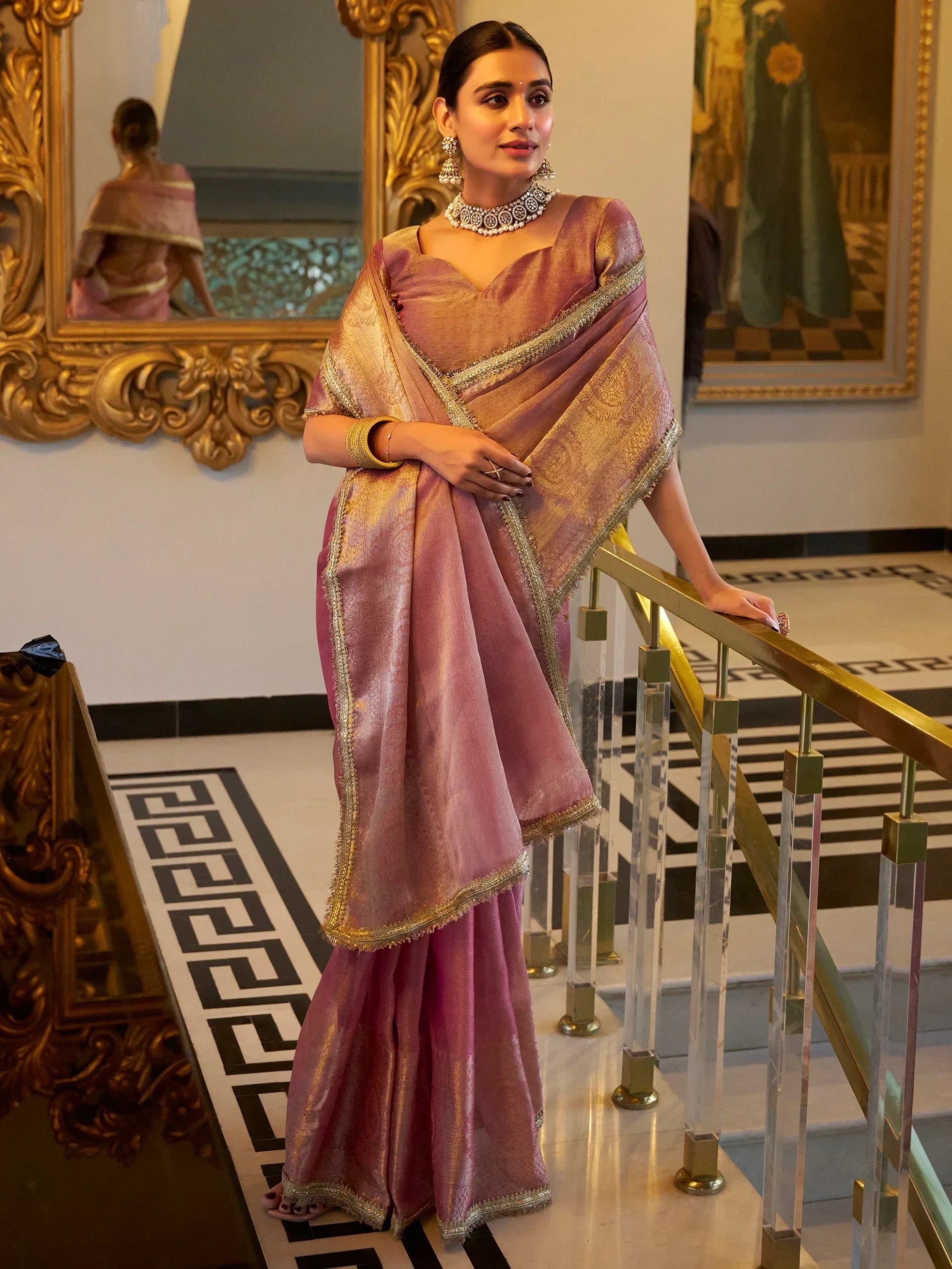 Light Pink Outstanding Zari Weaving Tissue Silk Festive Wear Saree