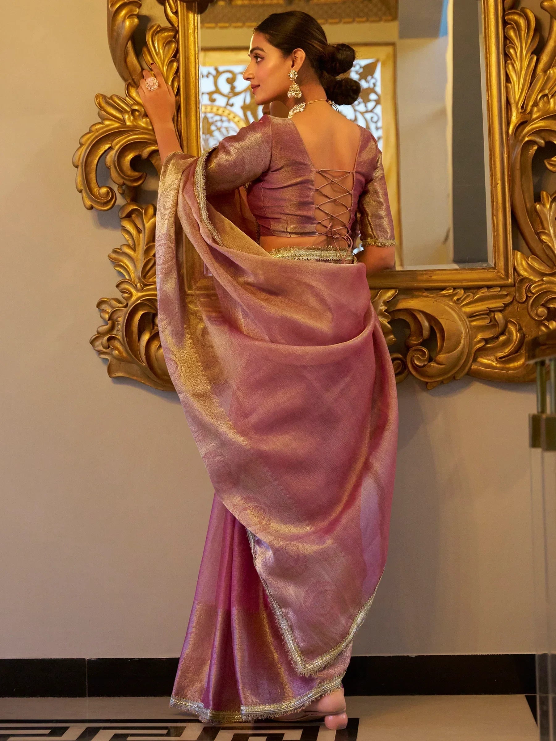 Light Pink Outstanding Zari Weaving Tissue Silk Festive Wear Saree