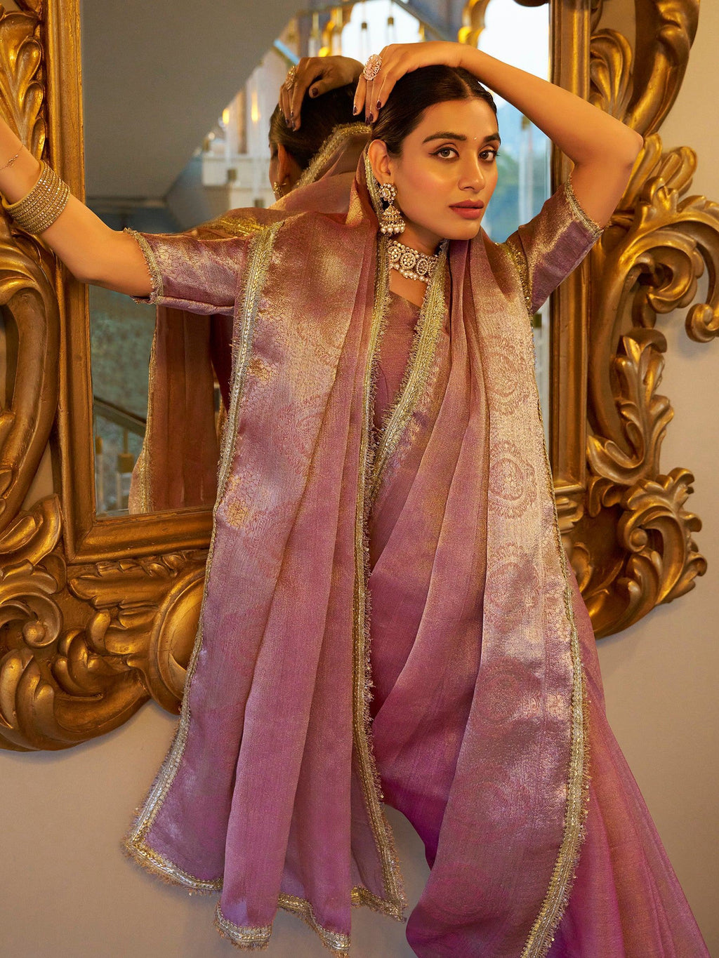 Light Pink Outstanding Zari Weaving Tissue Silk Festive Wear Saree