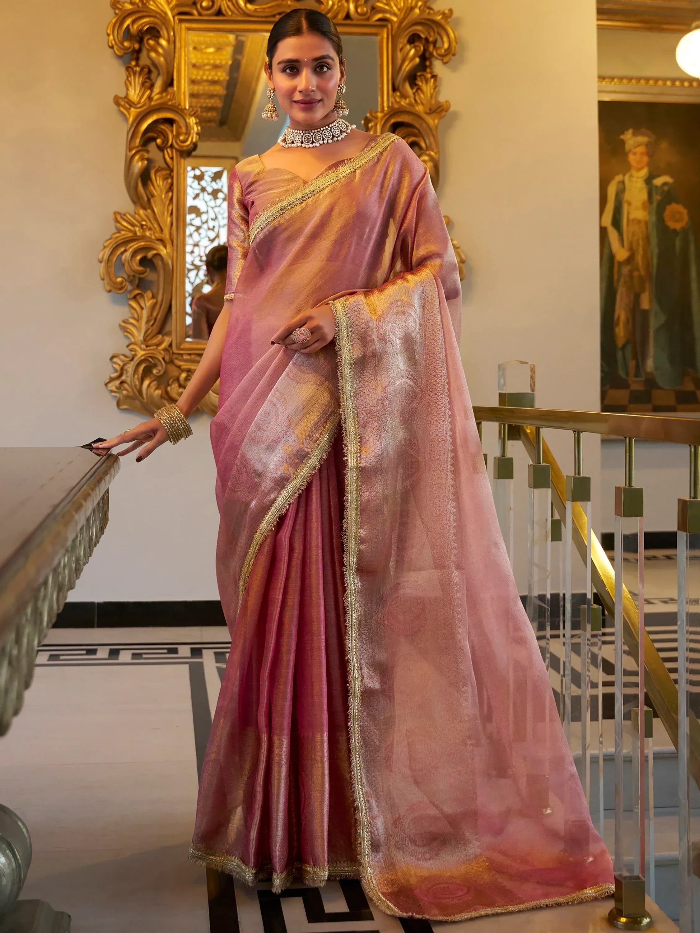 Light Pink Outstanding Zari Weaving Tissue Silk Festive Wear Saree