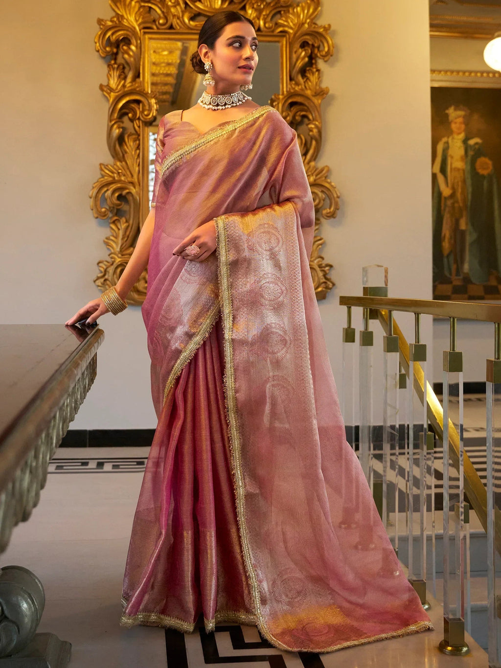 Light Pink Outstanding Zari Weaving Tissue Silk Festive Wear Saree