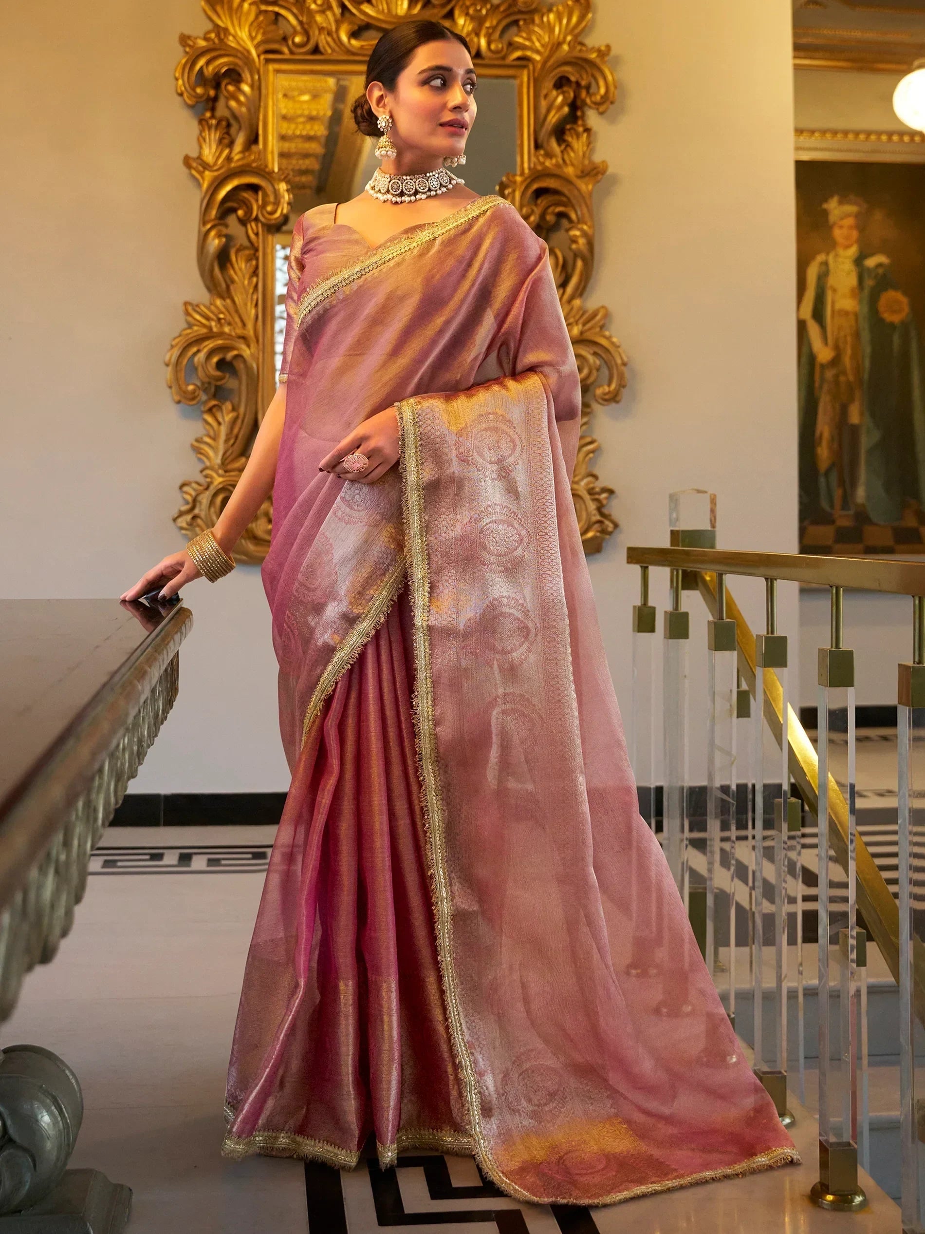 Light Pink Outstanding Zari Weaving Tissue Silk Festive Wear Saree