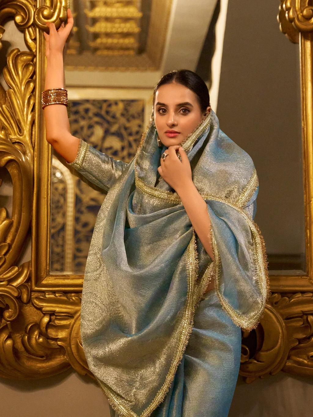 Sky Blue Outstanding Zari Weaving Tissue Silk Festive Wear Saree