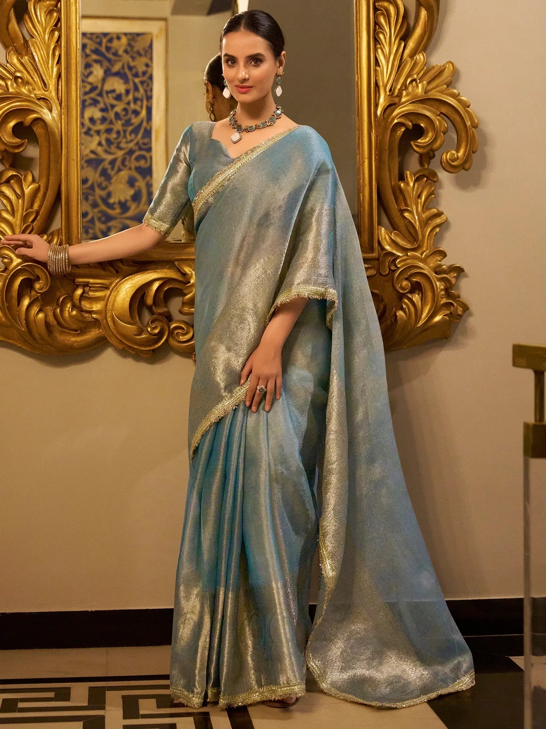 Sky Blue Outstanding Zari Weaving Tissue Silk Festive Wear Saree