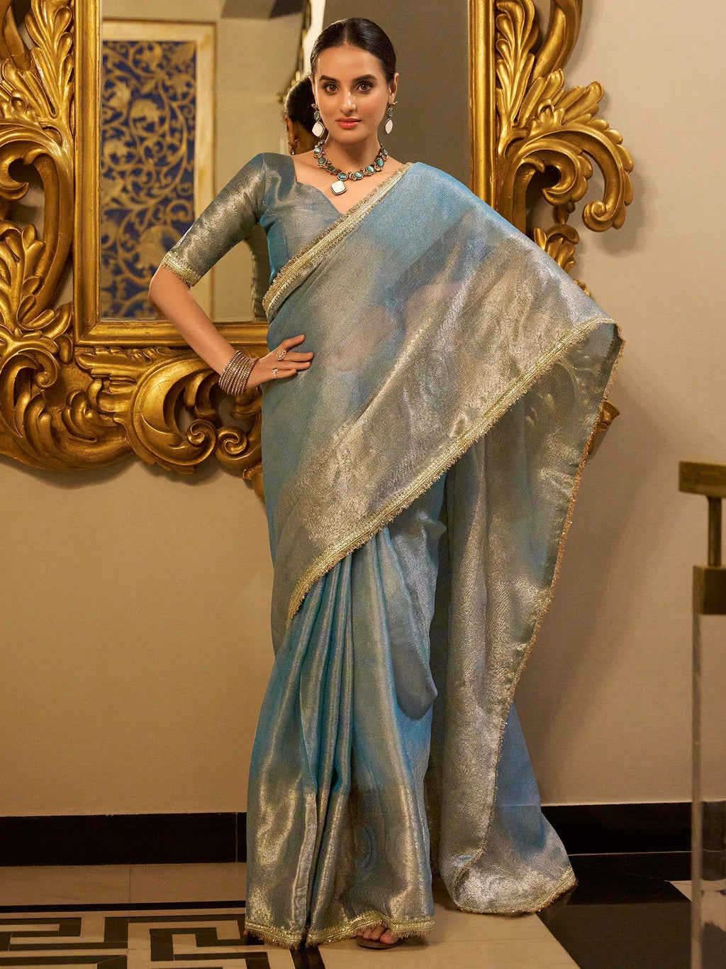 Sky Blue Outstanding Zari Weaving Tissue Silk Festive Wear Saree