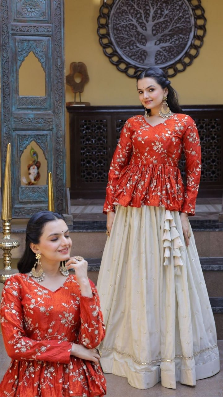 YSL Silk Embroidered Peplum Crop Top Lehenga Set