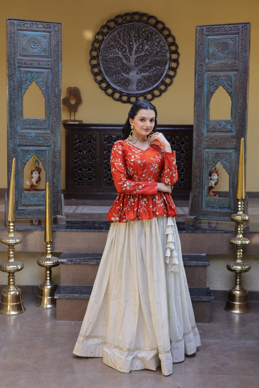 YSL Silk Embroidered Peplum Crop Top Lehenga Set