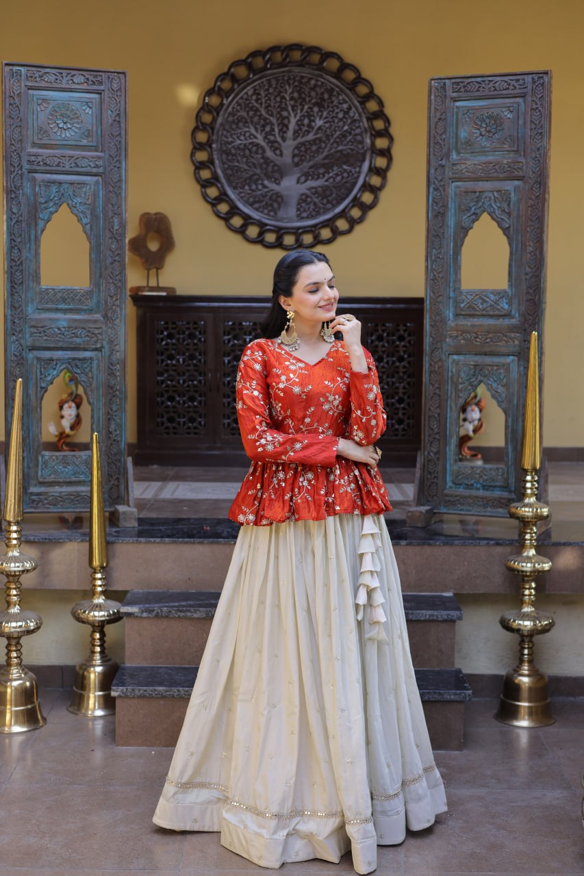 YSL Silk Embroidered Peplum Crop Top Lehenga Set