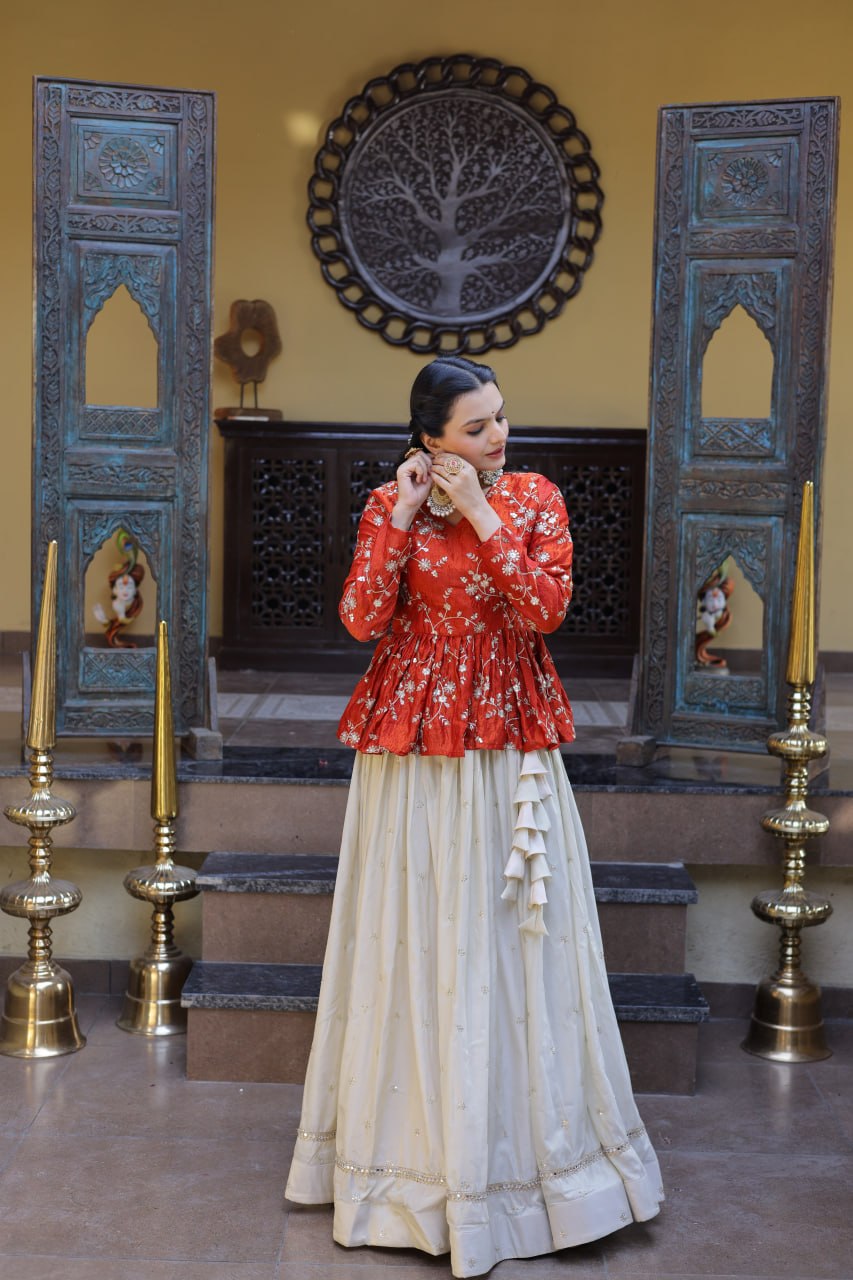 YSL Silk Embroidered Peplum Crop Top Lehenga Set