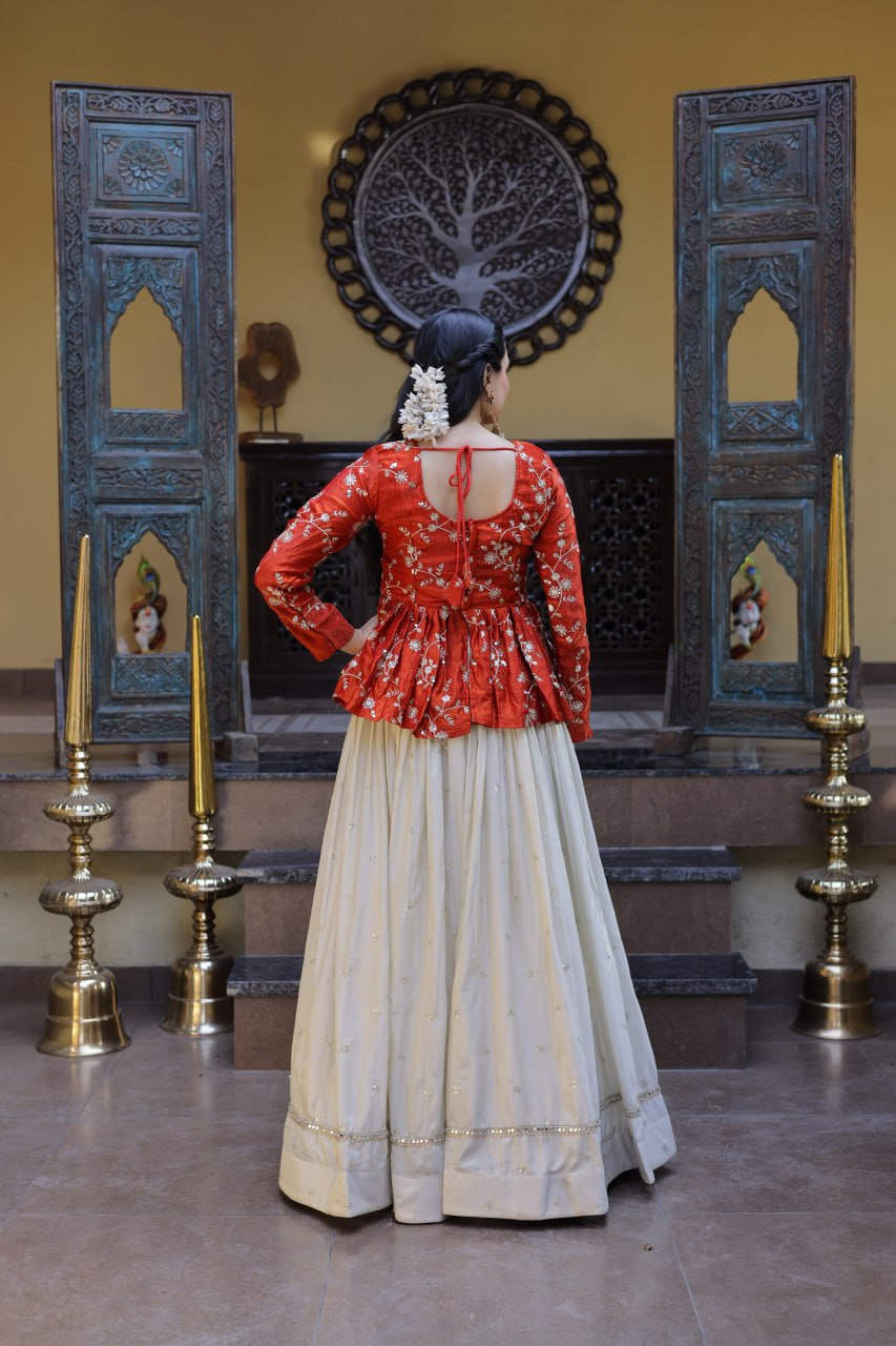 YSL Silk Embroidered Peplum Crop Top Lehenga Set