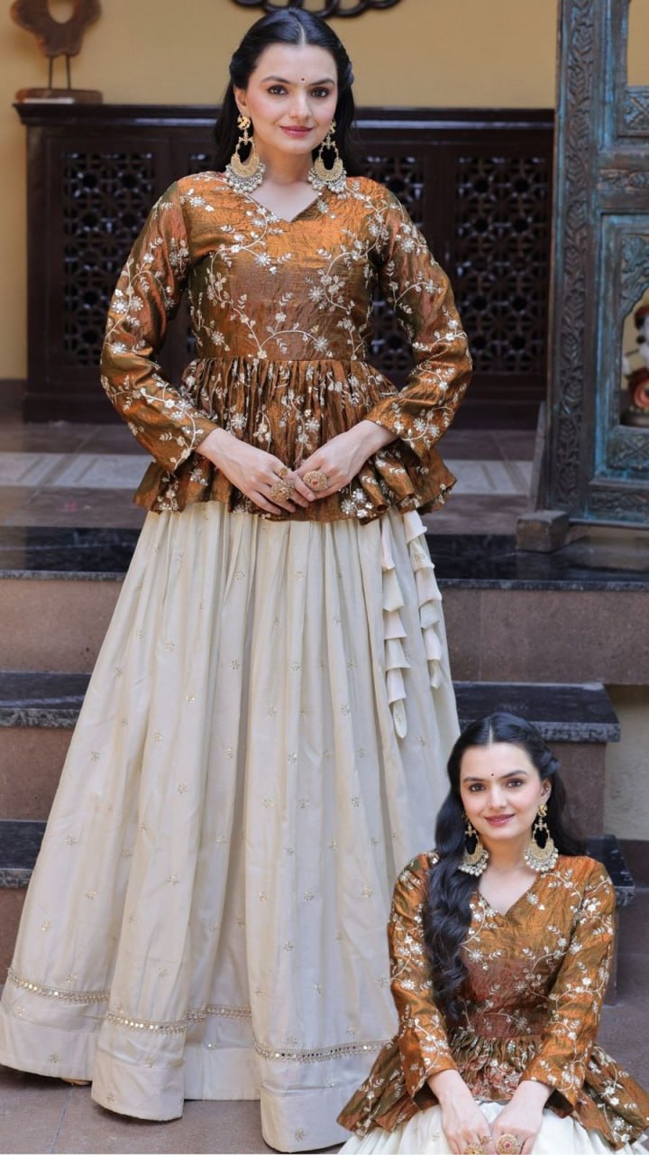 YSL Silk Embroidered Peplum Crop Top Lehenga Set