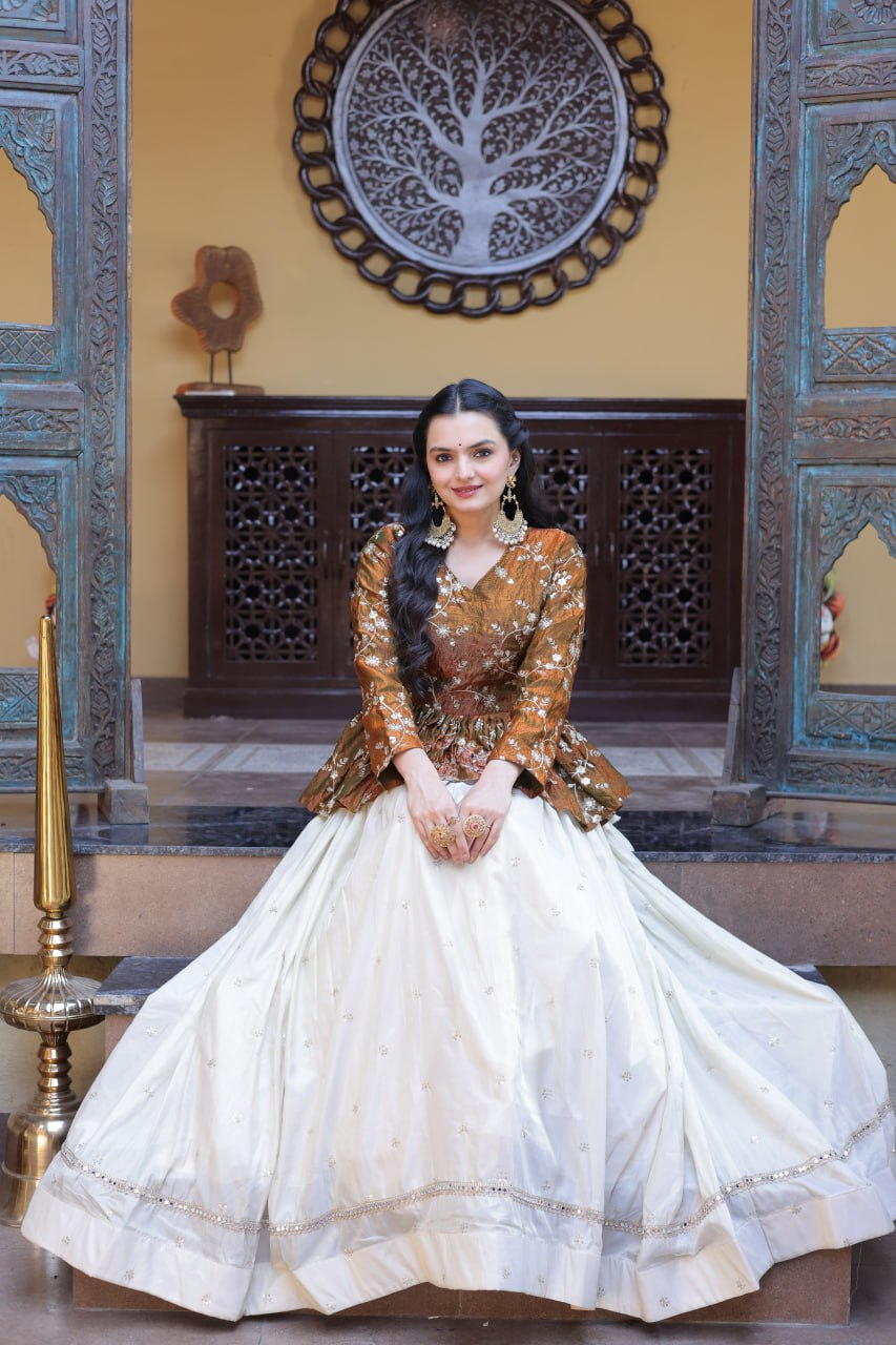 YSL Silk Embroidered Peplum Crop Top Lehenga Set