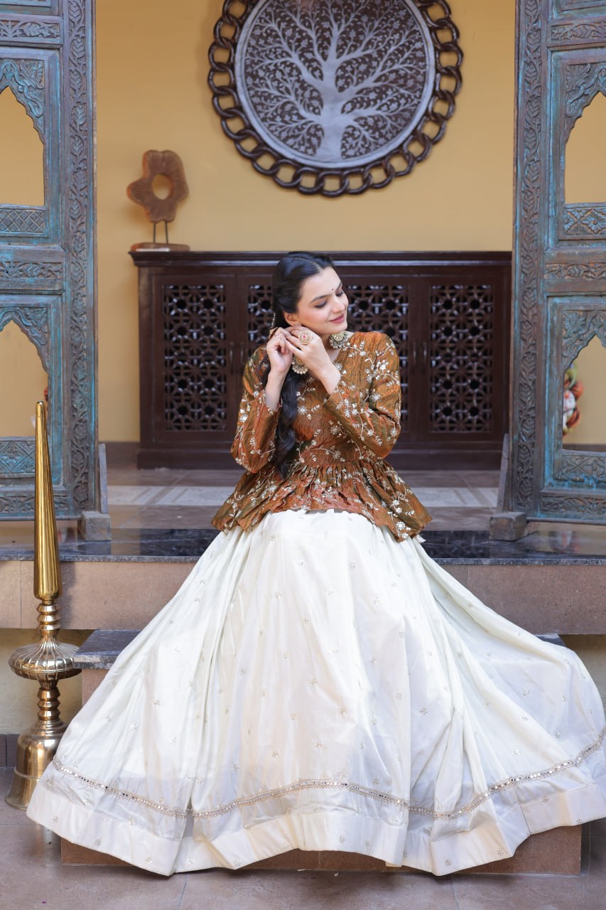 YSL Silk Embroidered Peplum Crop Top Lehenga Set