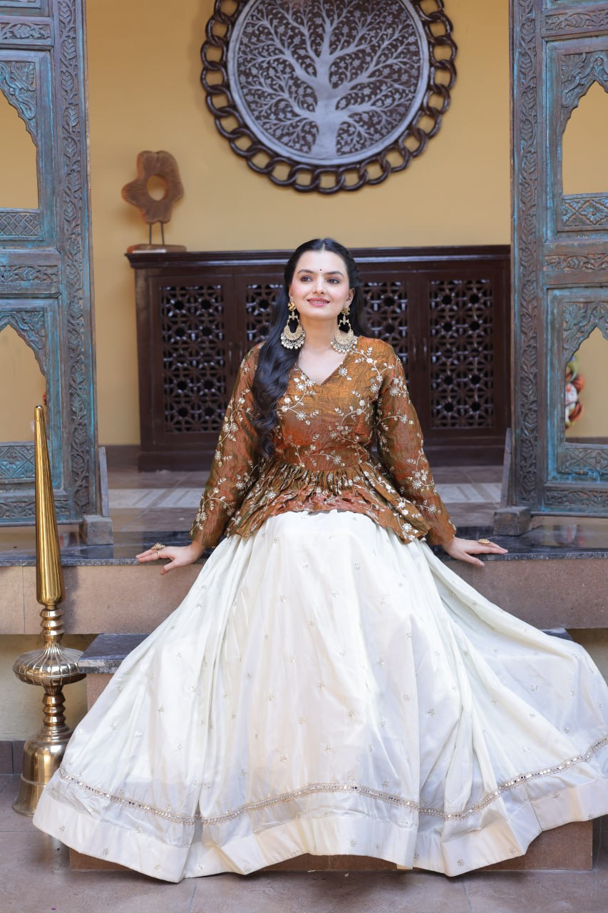 YSL Silk Embroidered Peplum Crop Top Lehenga Set