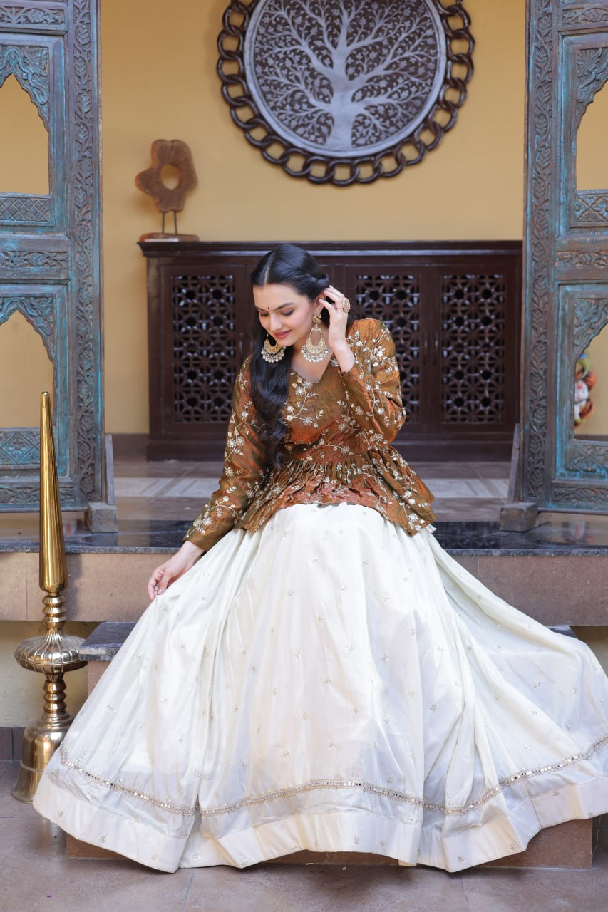 YSL Silk Embroidered Peplum Crop Top Lehenga Set
