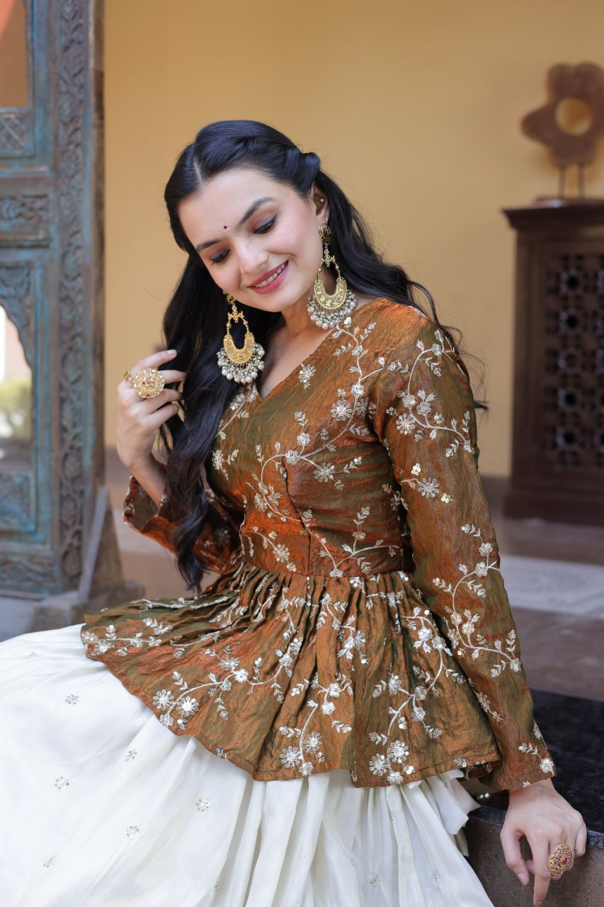 YSL Silk Embroidered Peplum Crop Top Lehenga Set