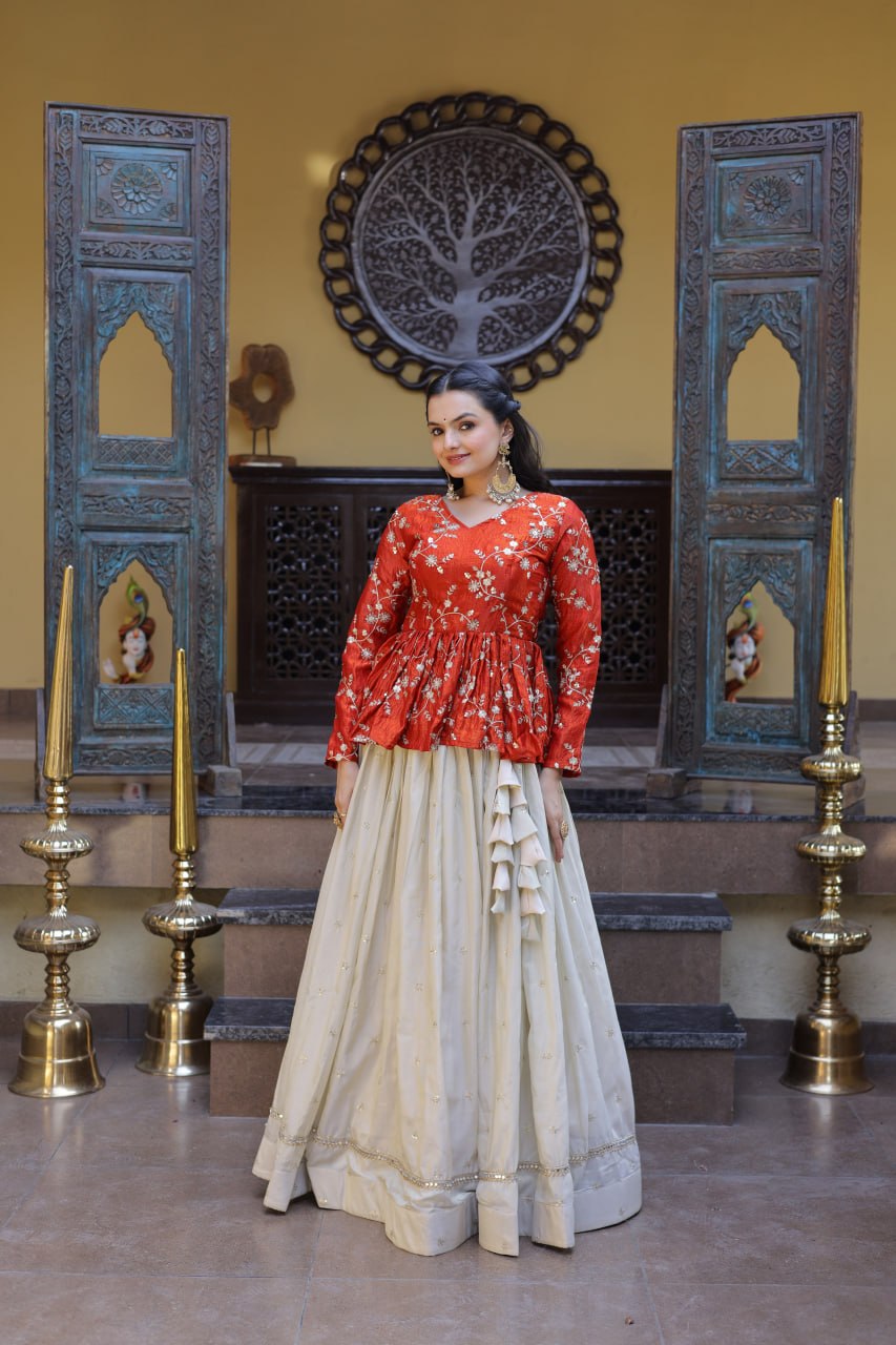 YSL Silk Embroidered Peplum Crop Top Lehenga Set
