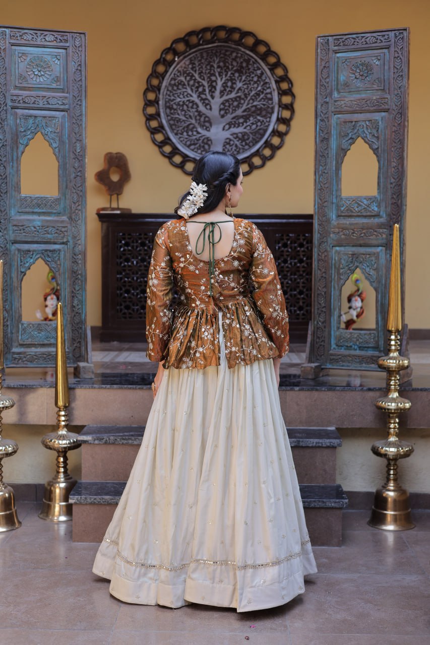 YSL Silk Embroidered Peplum Crop Top Lehenga Set