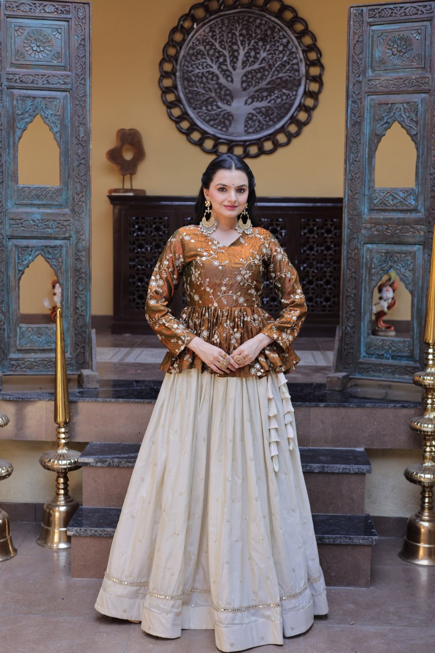 YSL Silk Embroidered Peplum Crop Top Lehenga Set