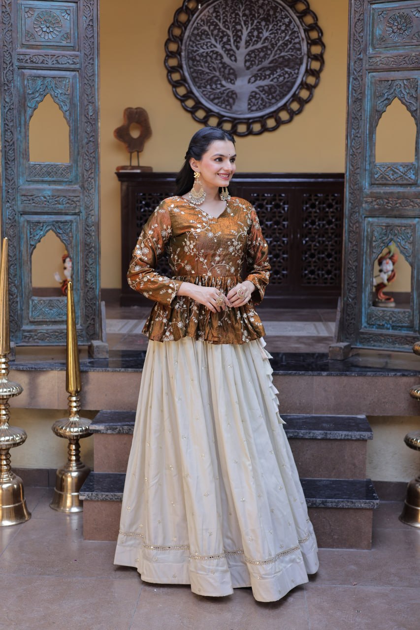 YSL Silk Embroidered Peplum Crop Top Lehenga Set