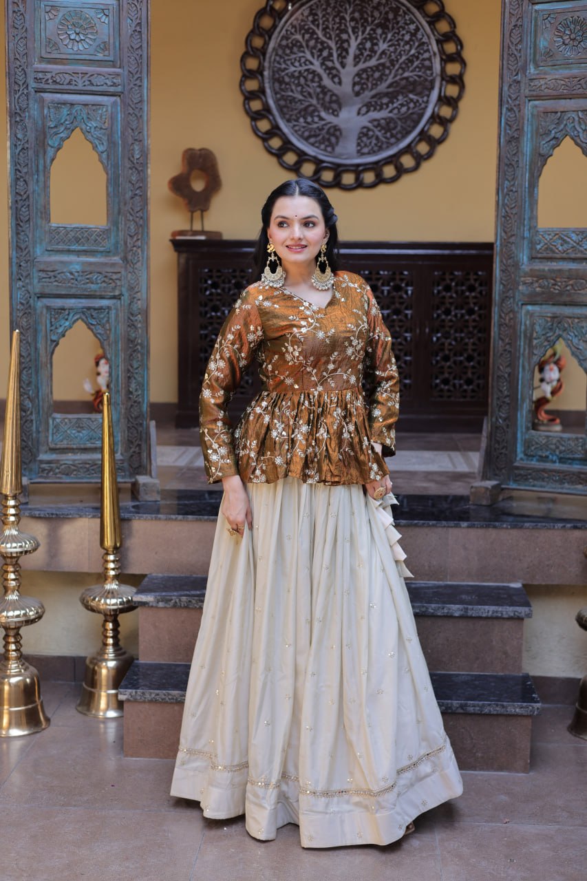 YSL Silk Embroidered Peplum Crop Top Lehenga Set