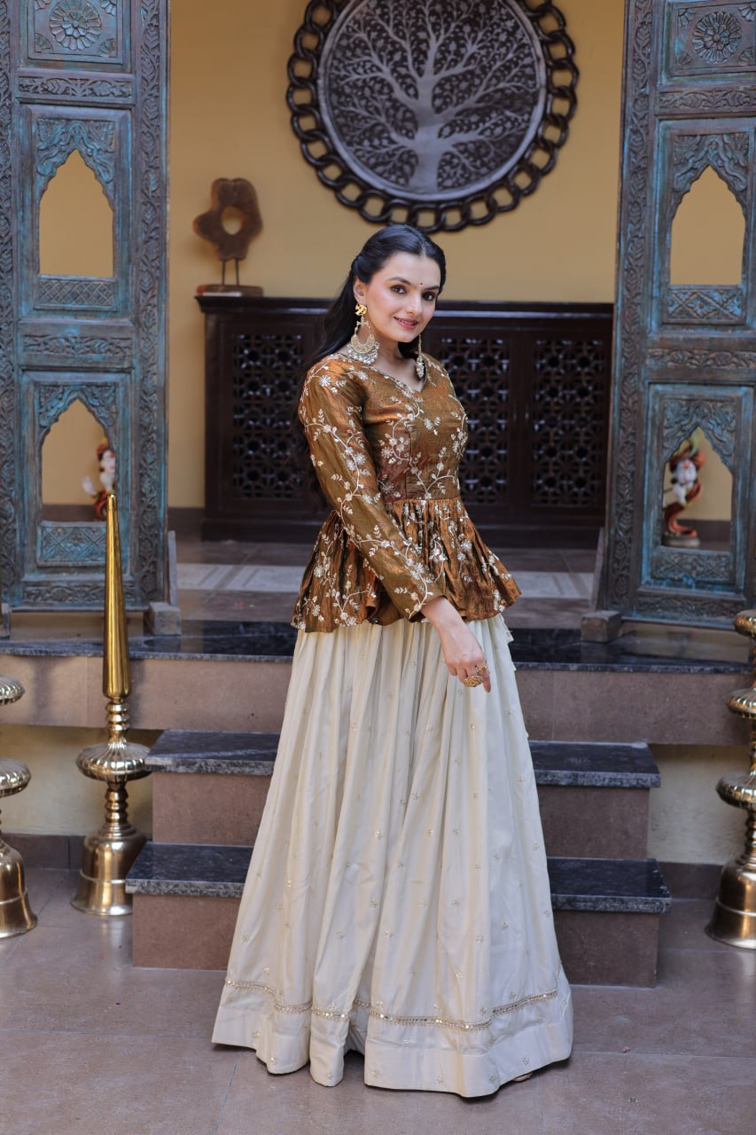 YSL Silk Embroidered Peplum Crop Top Lehenga Set