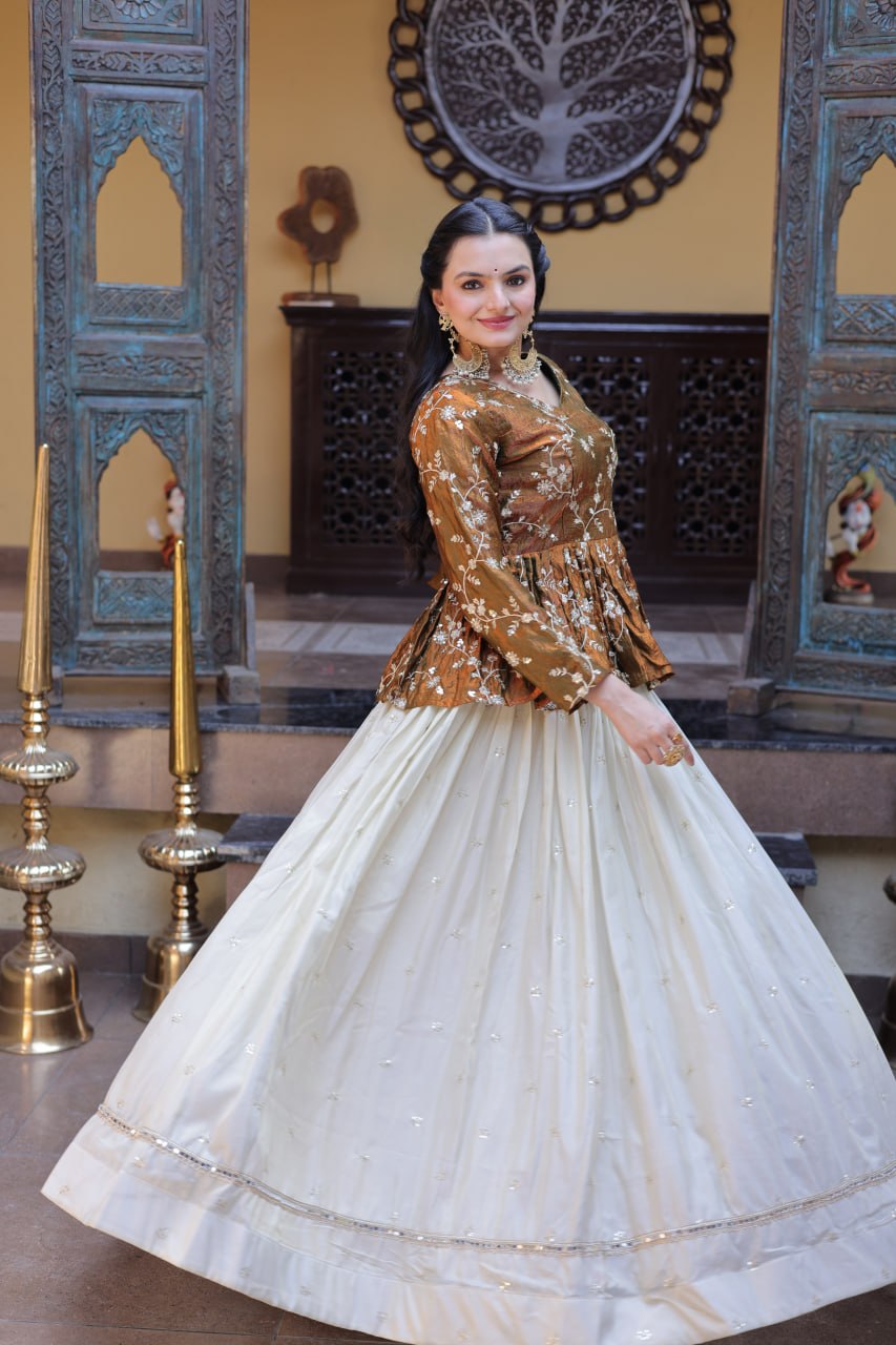 YSL Silk Embroidered Peplum Crop Top Lehenga Set