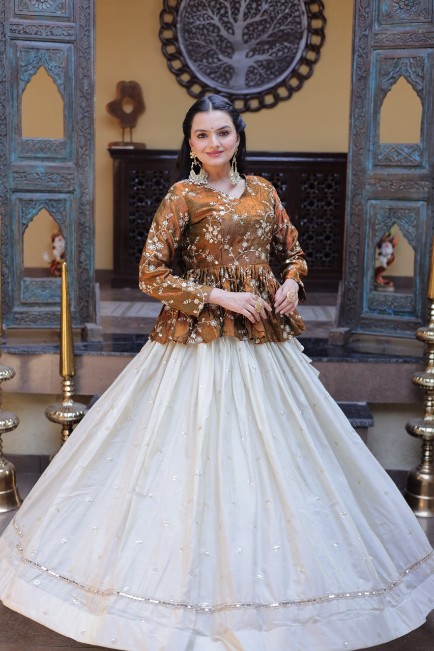 YSL Silk Embroidered Peplum Crop Top Lehenga Set
