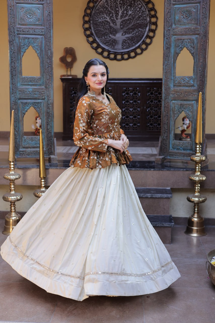 YSL Silk Embroidered Peplum Crop Top Lehenga Set