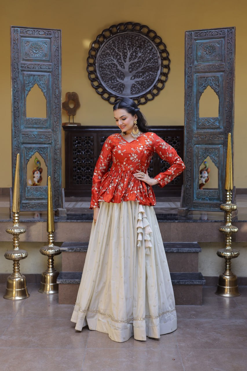 YSL Silk Embroidered Peplum Crop Top Lehenga Set
