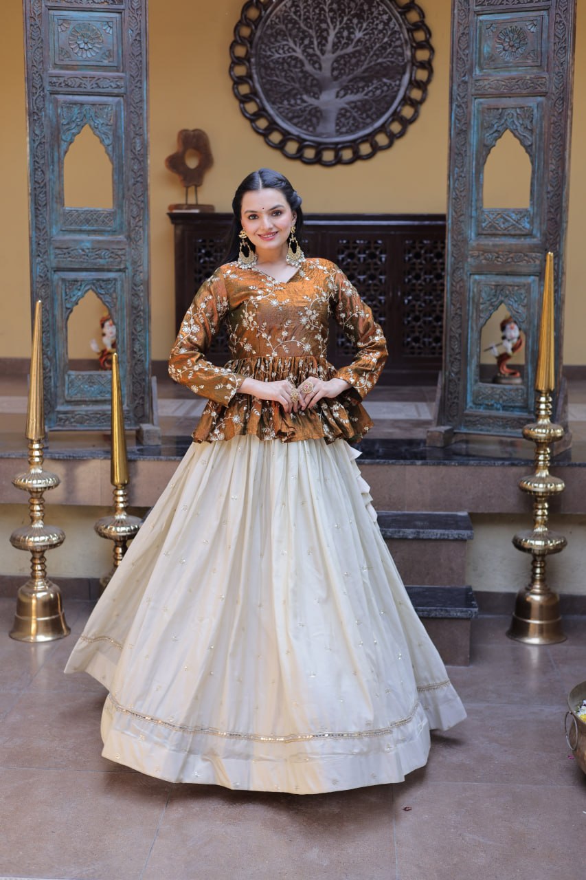YSL Silk Embroidered Peplum Crop Top Lehenga Set