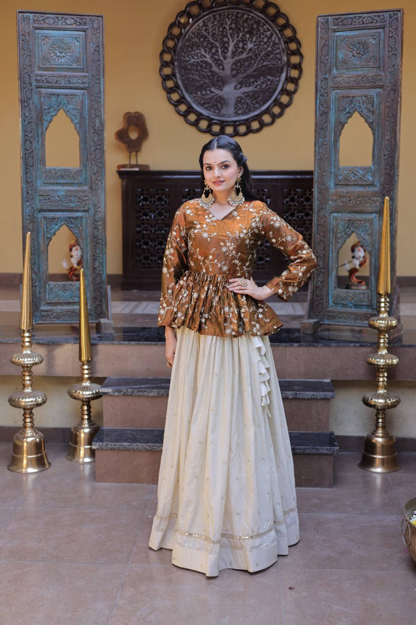 YSL Silk Embroidered Peplum Crop Top Lehenga Set
