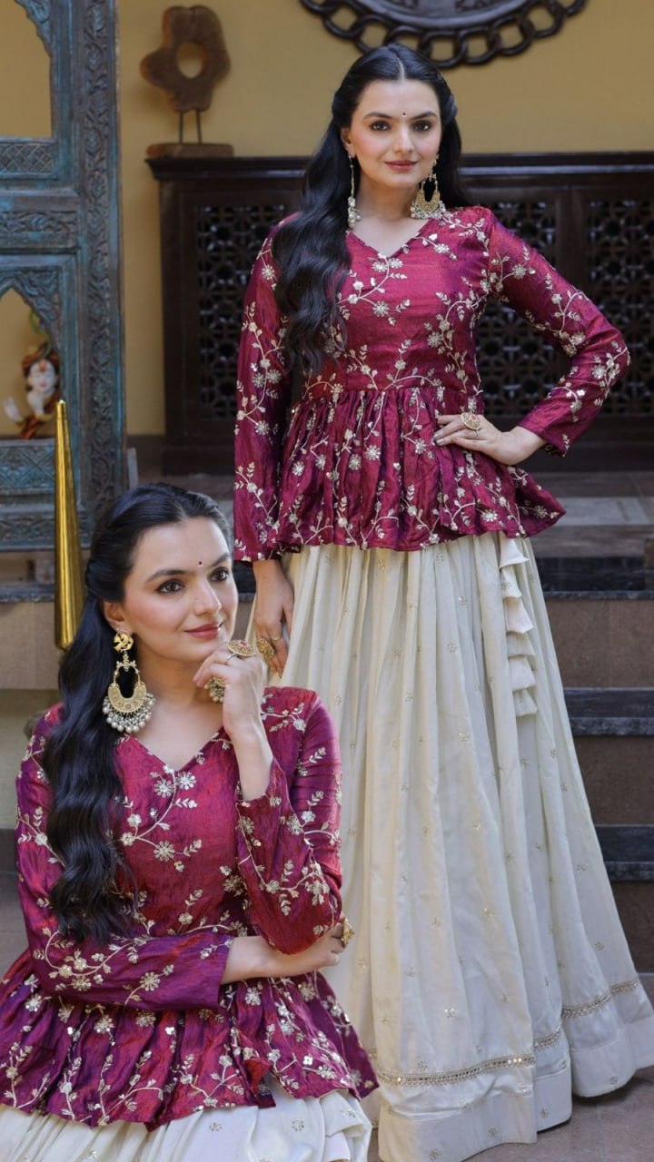 YSL Silk Embroidered Peplum Crop Top Lehenga Set