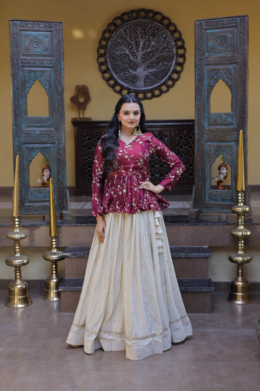 YSL Silk Embroidered Peplum Crop Top Lehenga Set