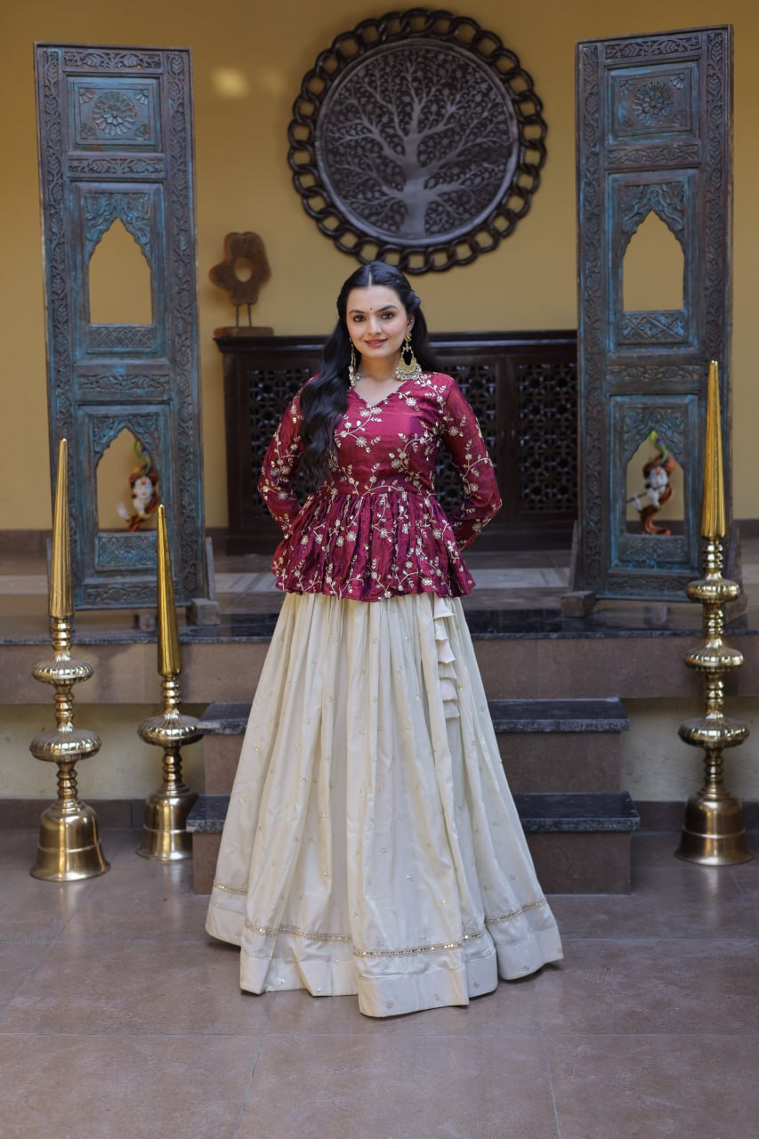 YSL Silk Embroidered Peplum Crop Top Lehenga Set