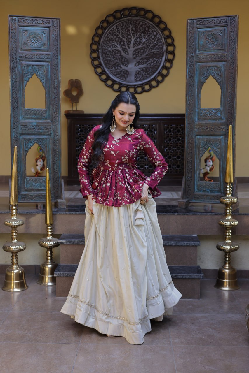 YSL Silk Embroidered Peplum Crop Top Lehenga Set