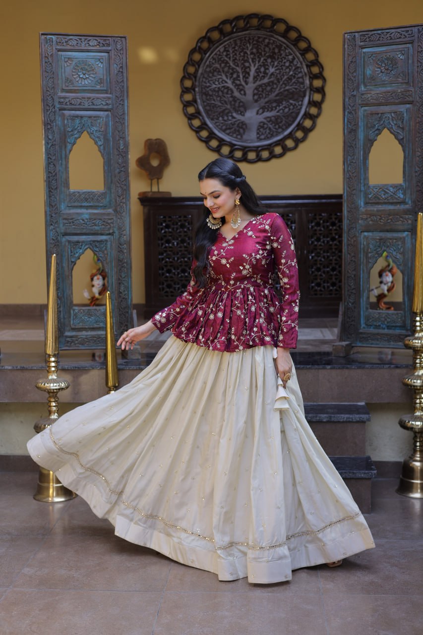 YSL Silk Embroidered Peplum Crop Top Lehenga Set