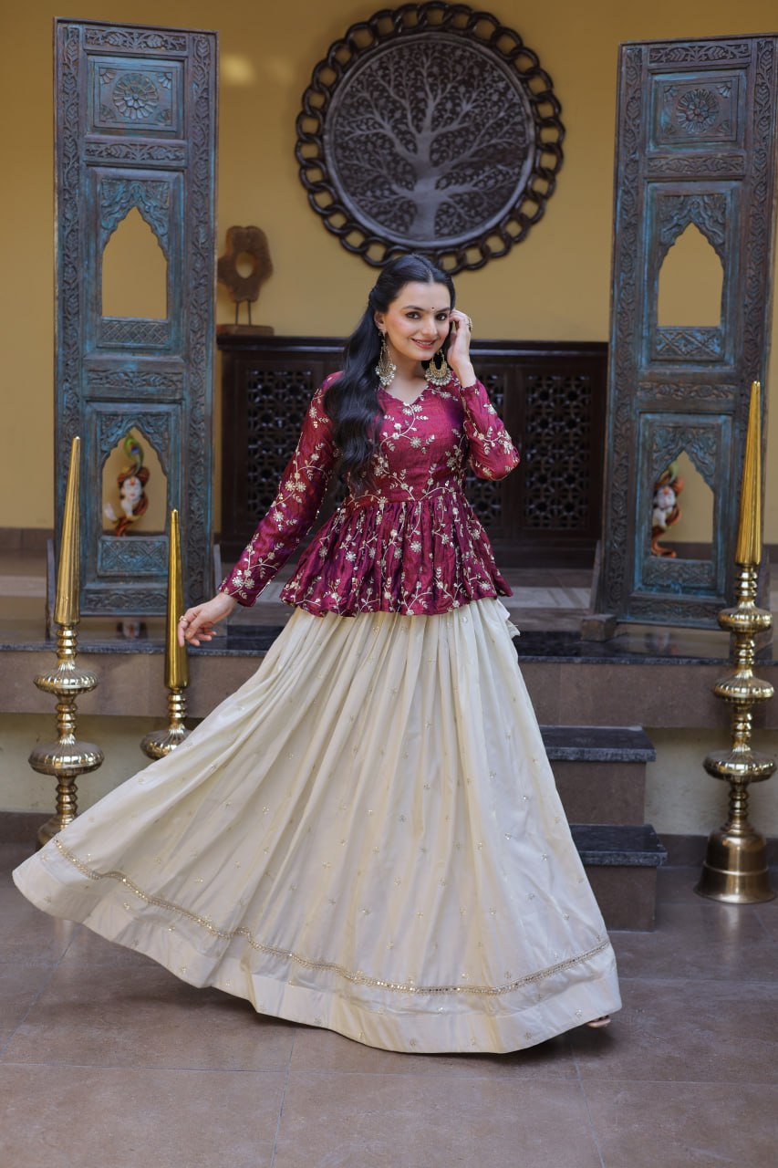 YSL Silk Embroidered Peplum Crop Top Lehenga Set