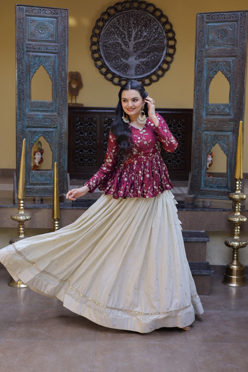 YSL Silk Embroidered Peplum Crop Top Lehenga Set
