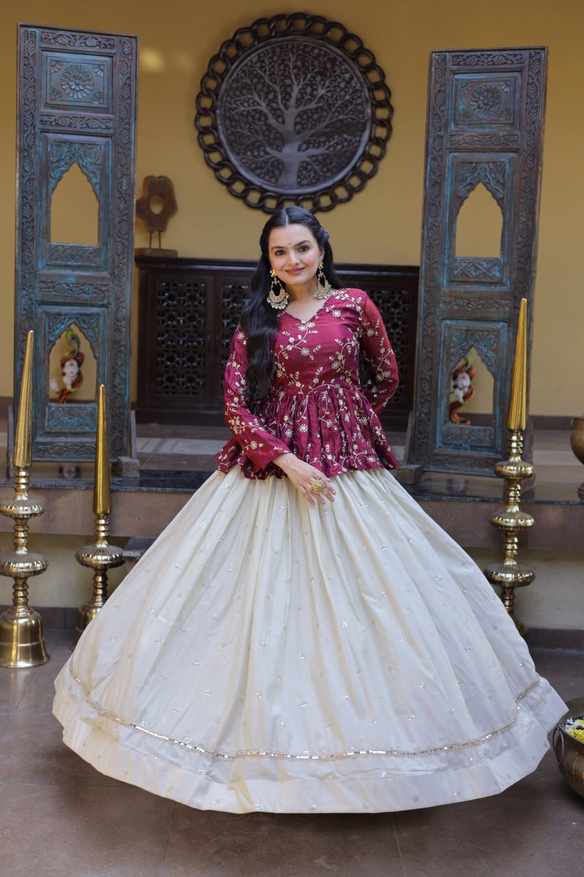 YSL Silk Embroidered Peplum Crop Top Lehenga Set