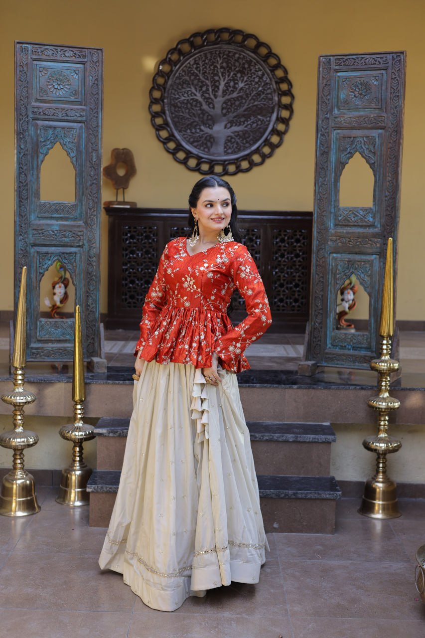 YSL Silk Embroidered Peplum Crop Top Lehenga Set