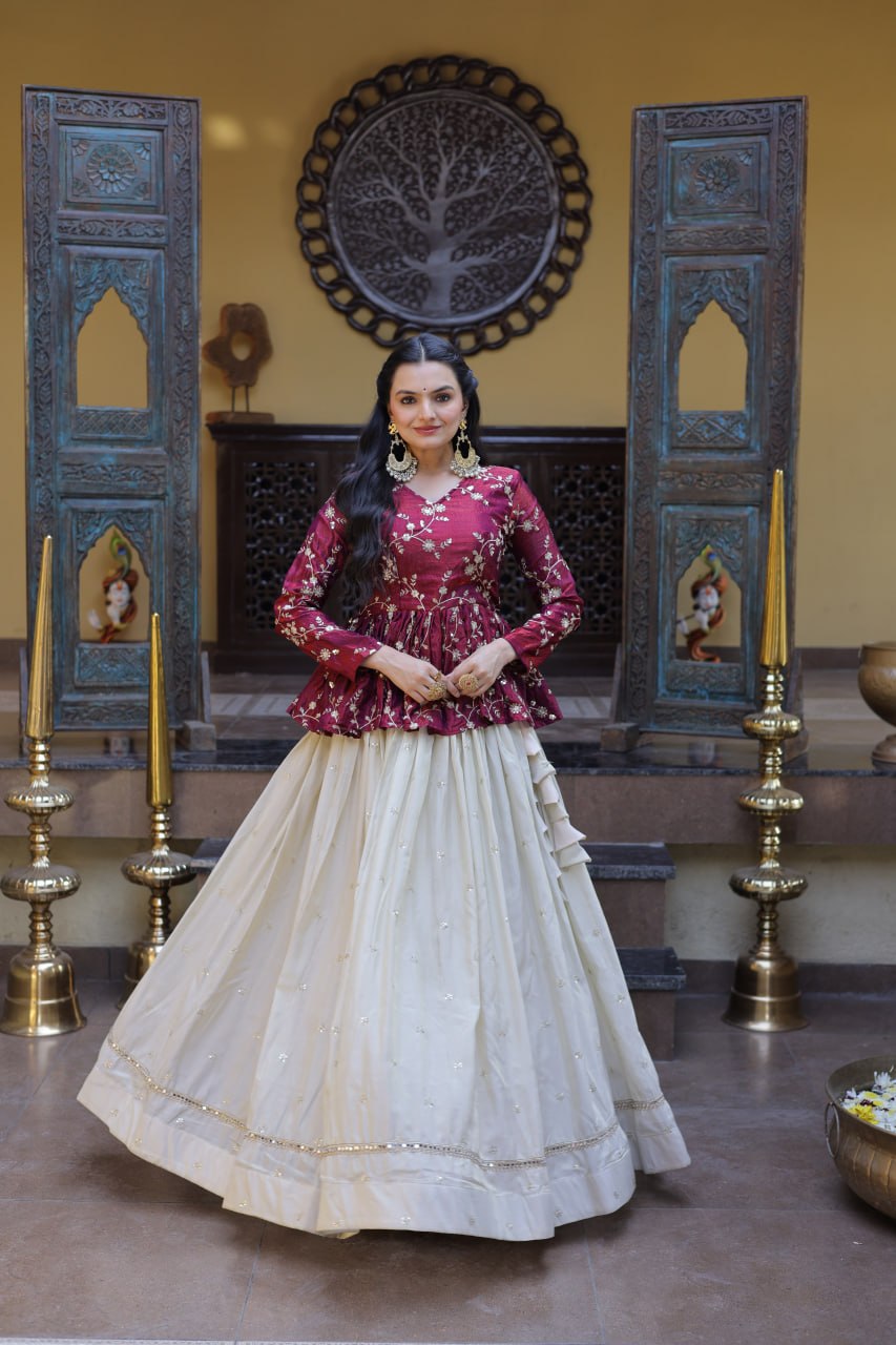 YSL Silk Embroidered Peplum Crop Top Lehenga Set