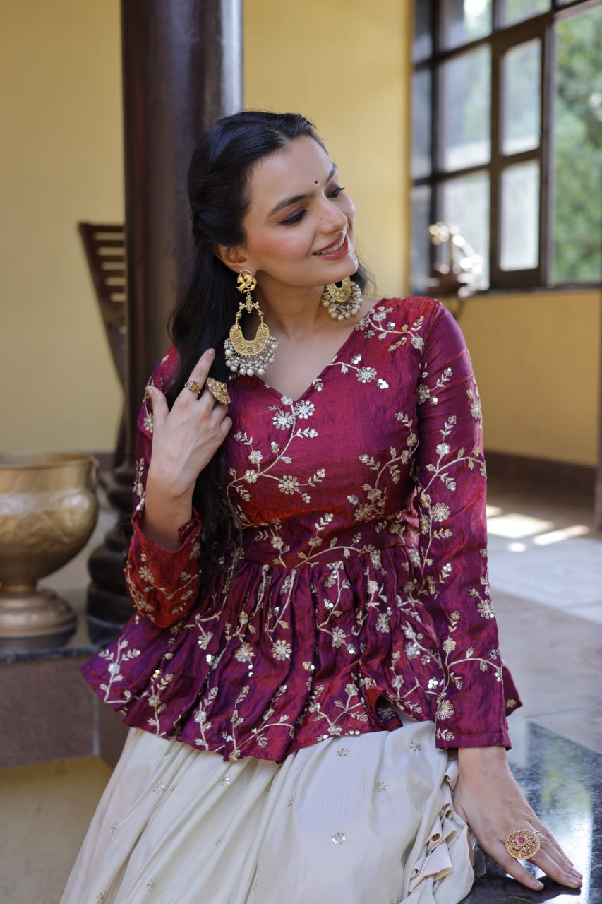 YSL Silk Embroidered Peplum Crop Top Lehenga Set