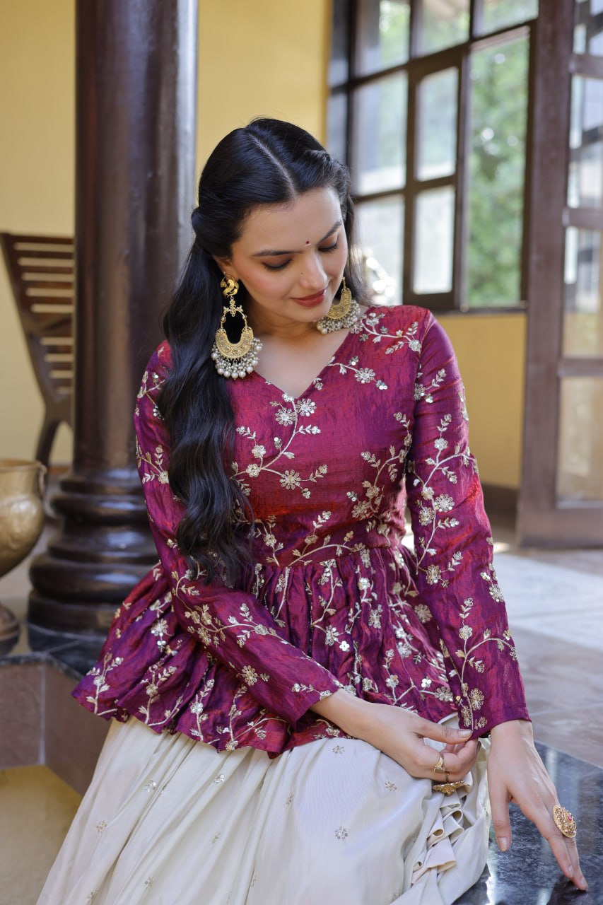 YSL Silk Embroidered Peplum Crop Top Lehenga Set