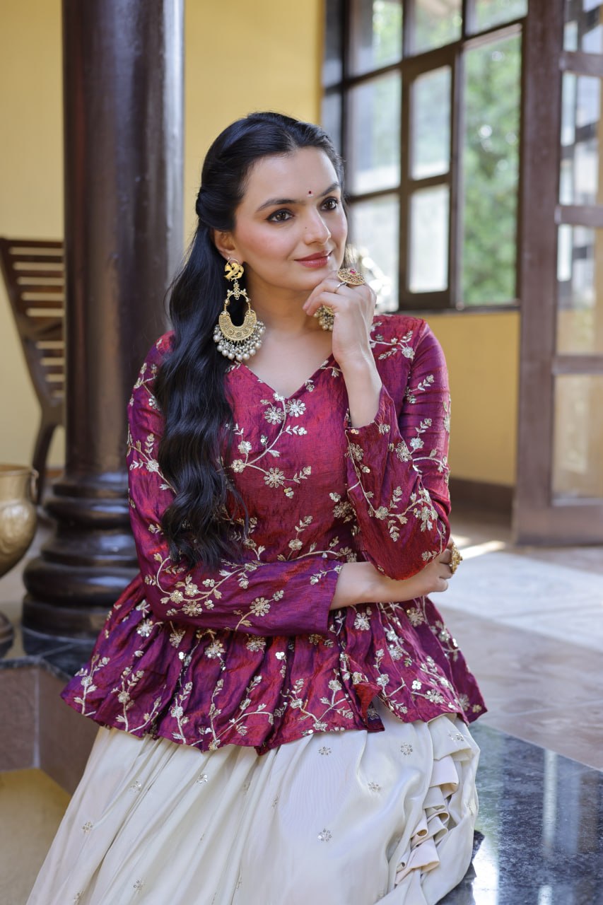 YSL Silk Embroidered Peplum Crop Top Lehenga Set